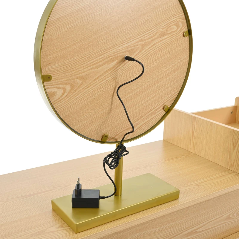 Coiffeuse Meuble avec Miroir LED à 3 Couleurs, 3 Tiroirs et Armoire Latérale, en Bois, 120x40x130 cm, Naturel