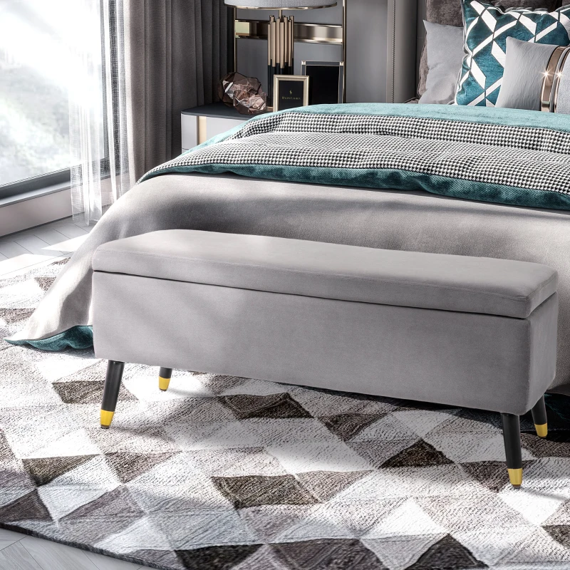 HOMCOM Krukje zitbank met opbergruimte gestoffeerde bank kist rubber hout antracietgrijs