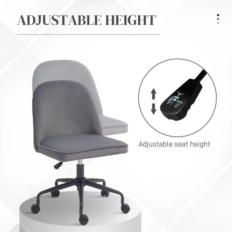 HOMCOM Scaun pentru Birou, Scaun din Catifea, Scaun Reglabil pe Înălțime cu Roți Pivotante și Spătar Central, 52x52x80-88 cm, Gri
