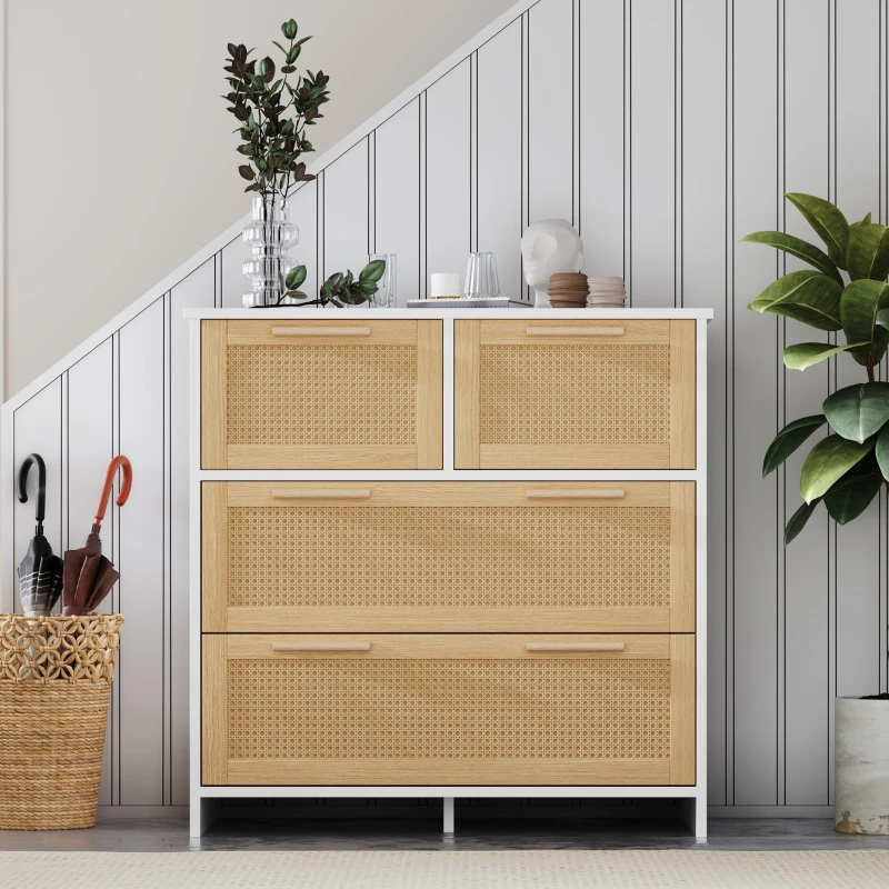 Commode Moderne en Rotin avec 4 Tiroirs et Poignées en Bois Massif, 80x38x80 cm - Meuble de Rangement, Naturel+Blanc