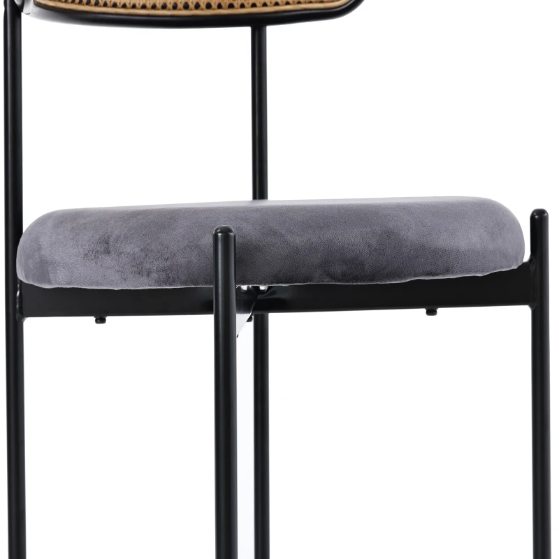 Set 4 scaune de dining din țesătură cu efect de catifea, picioare din metal și spătar din ratan, 60x18x86 cm, Gri