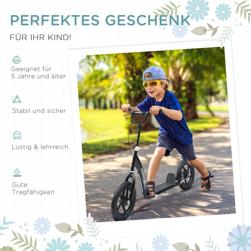 HOMCOM Kinderroller mit Hinterbremse Kickscooter 12 Zoll Tretroller Roller Scooter Cityroller für Kinder Kickboard Höhenverstellbar Stahl EVA Schwarz 120 x 52 x 80-88 cm