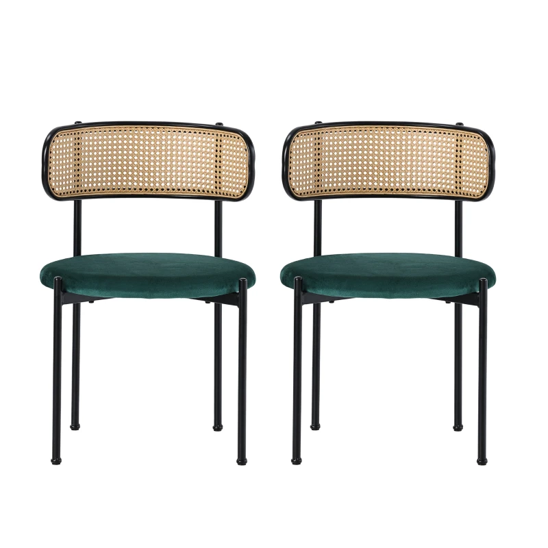 Ensemble de 2 chaises de salle à manger en tissu effet velours avec pieds en métal et dossier en rotin effet cannage, 45x40x75 cm, Vert