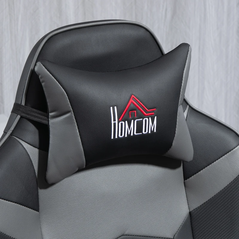 HOMCOM Gamingstoel met Massagefunctie, Kantelbare Leuning, Voetsteun, tot 120 kg, Stalen Frame, Kunstleer, Grijs(m-7)