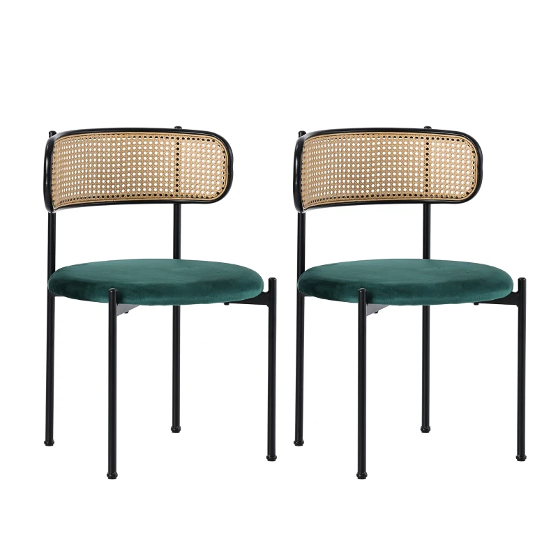 Ensemble de 2 chaises de salle à manger en tissu effet velours avec pieds en métal et dossier en rotin effet cannage, 45x40x75 cm, Vert