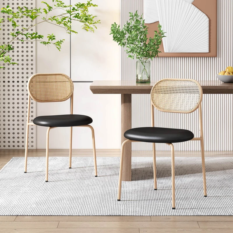 Ensemble de 2 chaises de salle à manger modernes dossier cannage et métal avec assise rembourrée, 46x48x80 cm - Noir+Marron