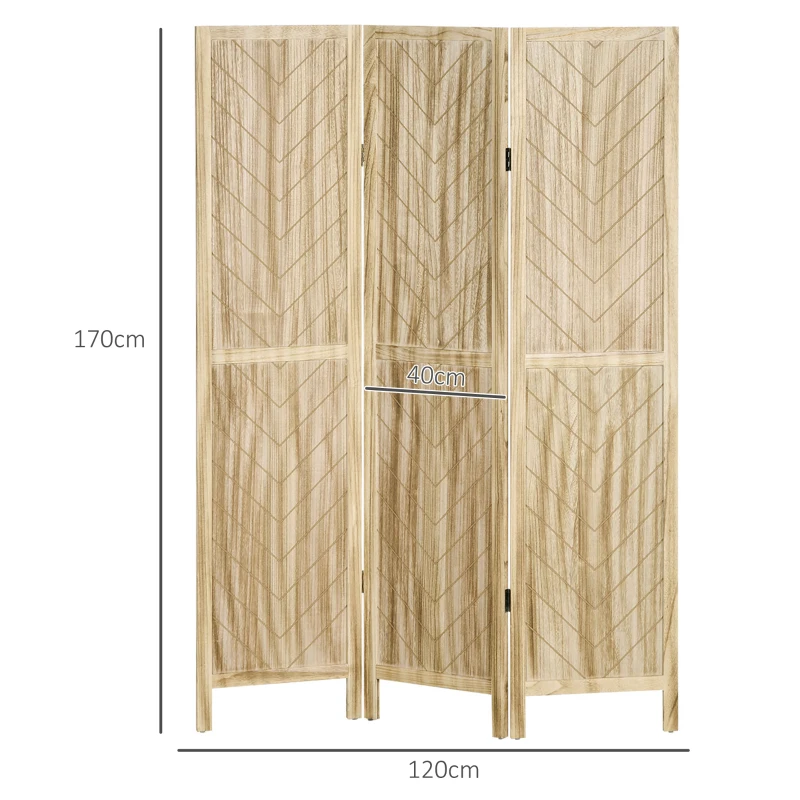 HOMCOM Separator de Cameră cu 3 Panouri, Ecran de Confidențialitate Pliabil Portabil pentru Interior din Lemn Masiv, Despărțitor de Perete, 120x170x1.6 cm, Natural