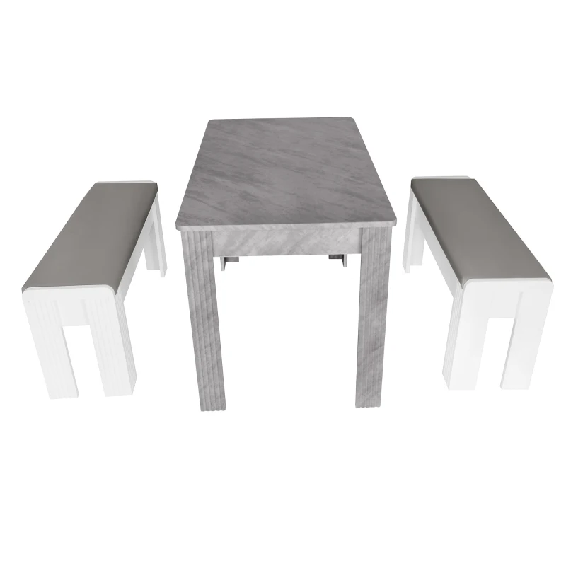 Ensemble de Salle à Manger Moderne avec Table et 2 Bancs, Design Contemporain et Structure Robuste, Gris+Blanc