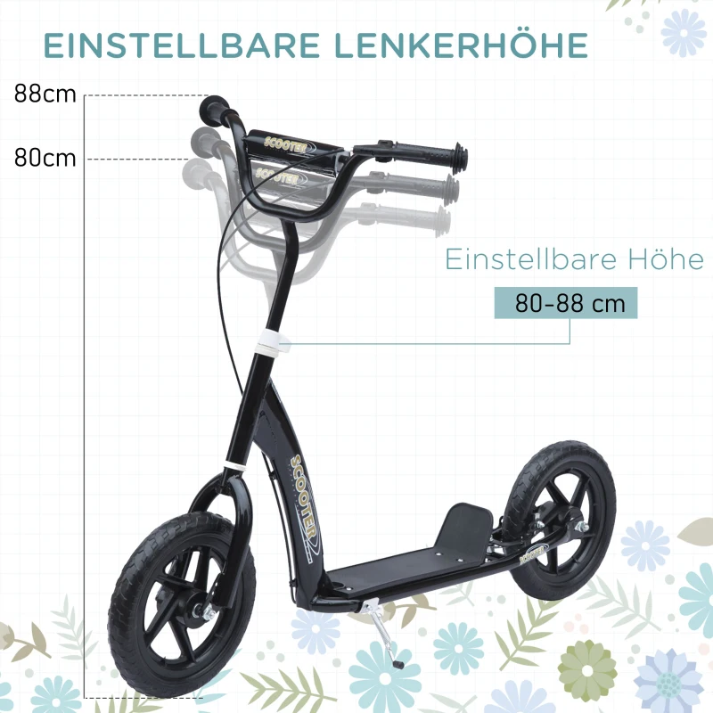 HOMCOM Kinderroller mit Hinterbremse Kickscooter 12 Zoll Tretroller Roller Scooter Cityroller für Kinder Kickboard Höhenverstellbar Stahl EVA Schwarz 120 x 52 x 80-88 cm