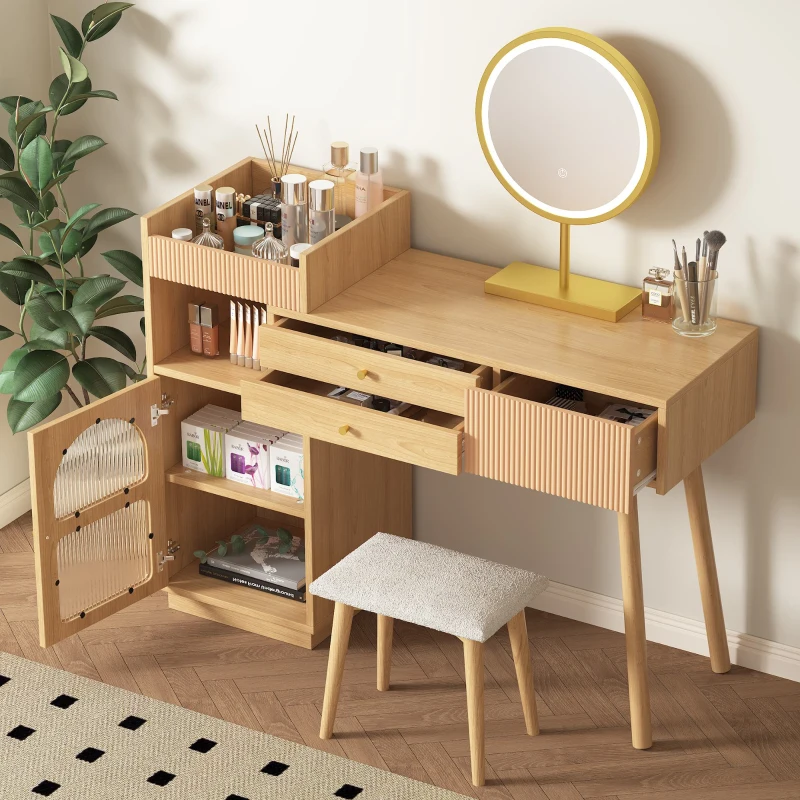 Coiffeuse Meuble avec Miroir LED à 3 Couleurs, 3 Tiroirs et Armoire Latérale, en Bois, 120x40x130 cm, Naturel