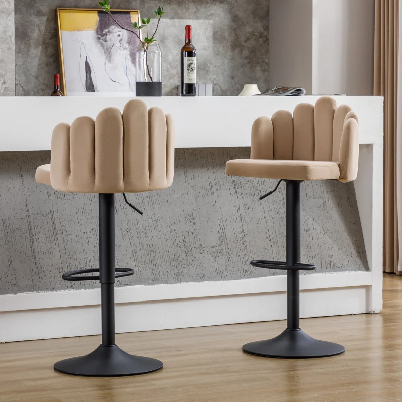Ensemble de 2 tabourets de bar ergonomiques à hauteur réglable en tissu effet velours avec dossier en forme de pétale et repose-pieds, 46x42,5x110,5 cm, Beige