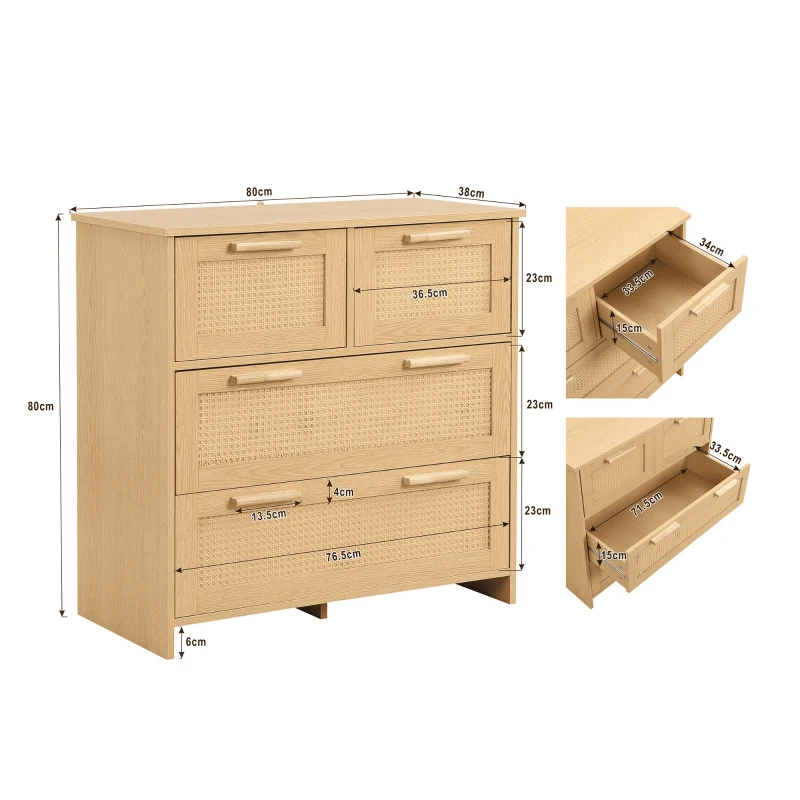 Commode Moderne en Rotin avec 4 Tiroirs et Poignées en Bois Massif, 80x38x80 cm - Meuble de Rangement, Naturel