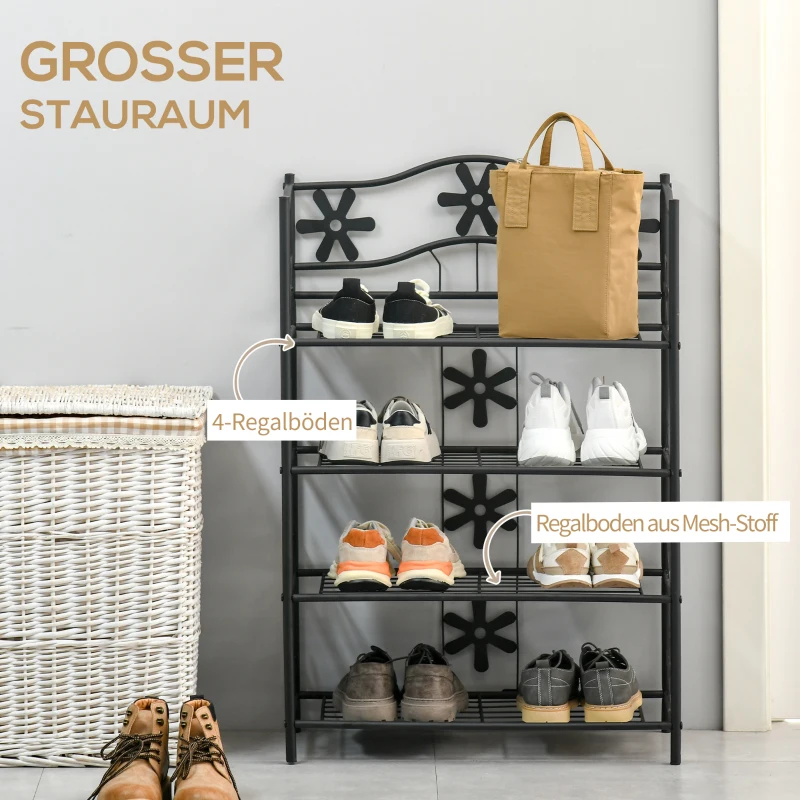 HOMCOM kleines Schuhregal Platzsparend Blumenregal Pflanzentreppe Standregal Ständer 4 Etagen Metall Schwarz 59,5 x 30 x 92 cm