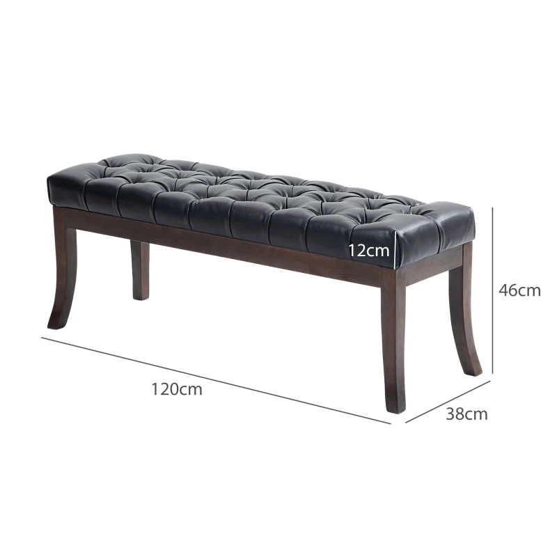 HOMCOM Bancă otomană cu Smocuri, Capăt de Pat din Piele Artificială cu Picioare din Lemn și Scaun Căptușit, 120x38x46 cm, Negru