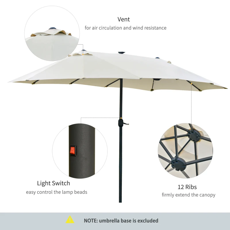 Outsunny 4.4m Double-Sided Sun Umbrella Patio Parasol LED Solar Lights Base Cream White