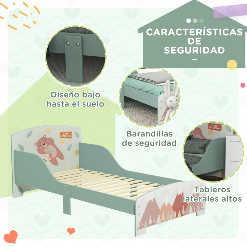 ZONEKIZ Conjunto para Niños Incluye 1 Cama Infantil Carga Máxima 40 kg 143x77x60 cm y 1 Baúl de Almacenamiento 60x37x39 cm Verde