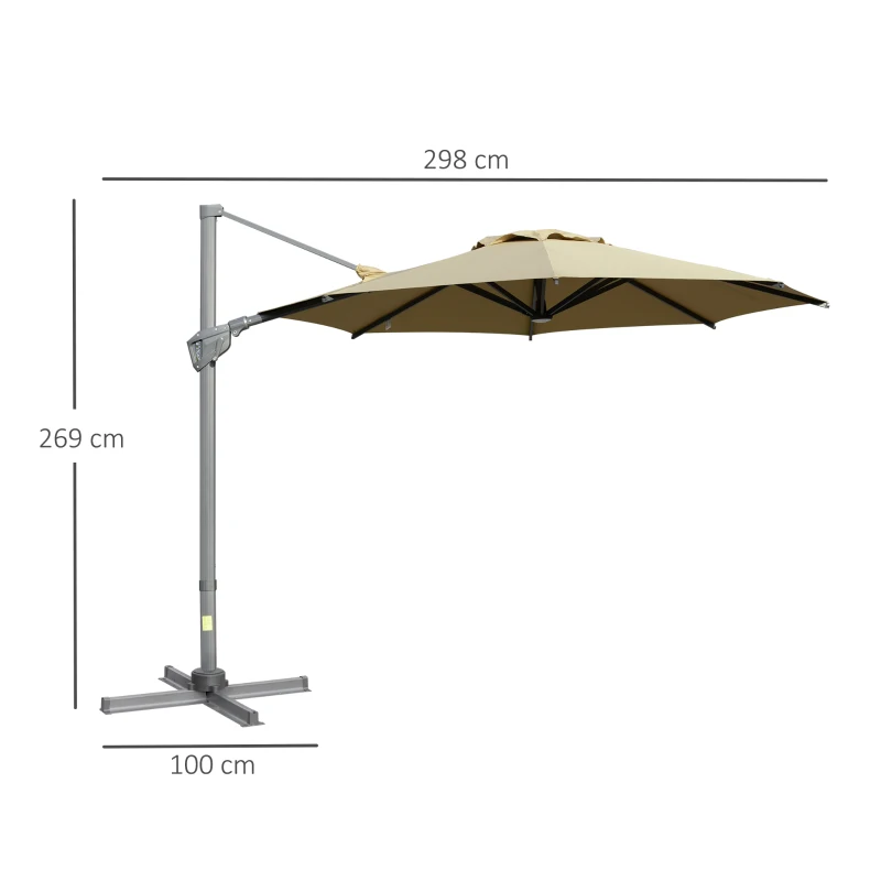 Outsunny Cantilever Umbrella Ø298 cm, Sun Umbrella, Adjustable Angle, incl. Crank, 360 Degree Rotatable, Khaki