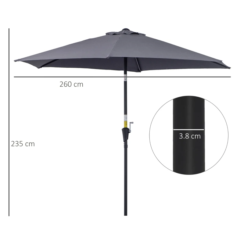 Outsunny 2.7M Patio Tilt Umbrella Sun Parasol Outdoor Garden Sun Shade Aluminium Frame with Crank(Grey)