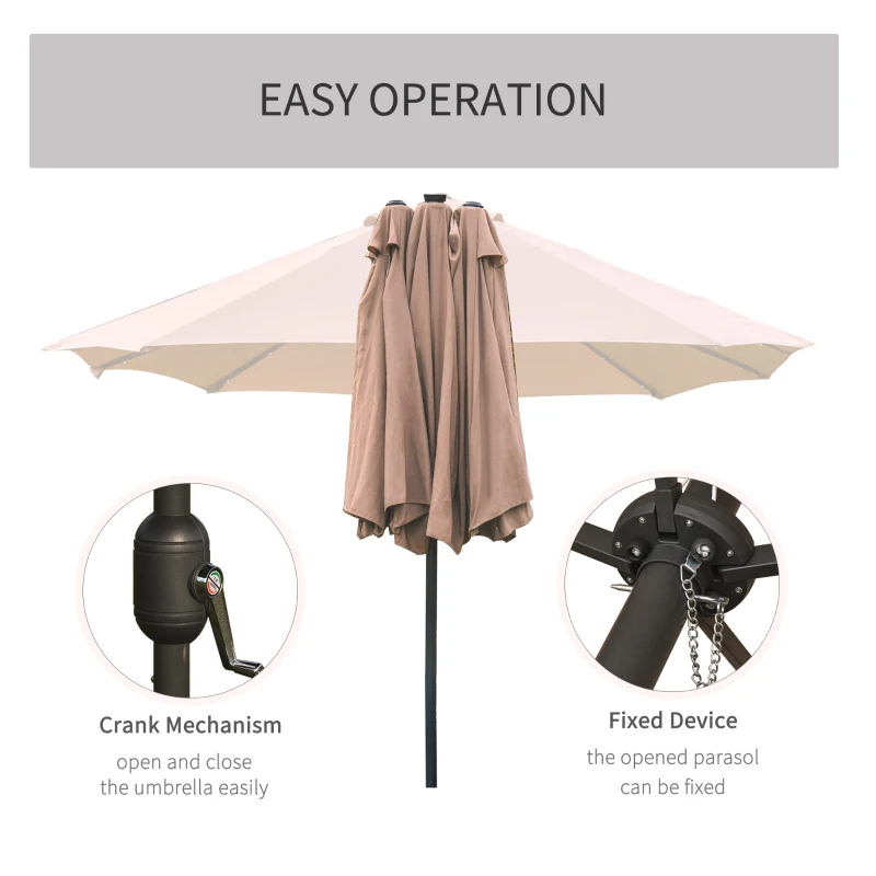 Outsunny 4.4m Double-Sided Sun Umbrella Patio Parasol LED Solar Lights Base Khaki