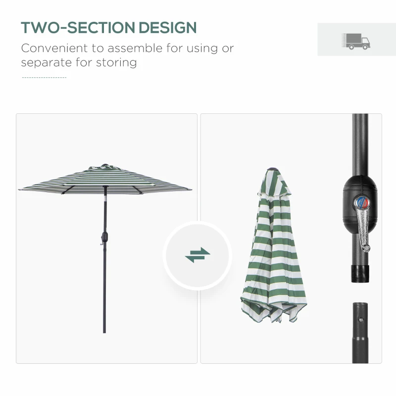 Outsunny Φ2.3m Patio Sun Umbrella Outdoor Market Table Parasol w/ Adjustable Angle 6 Ribs for Garden Backyard Pool Green Stripe