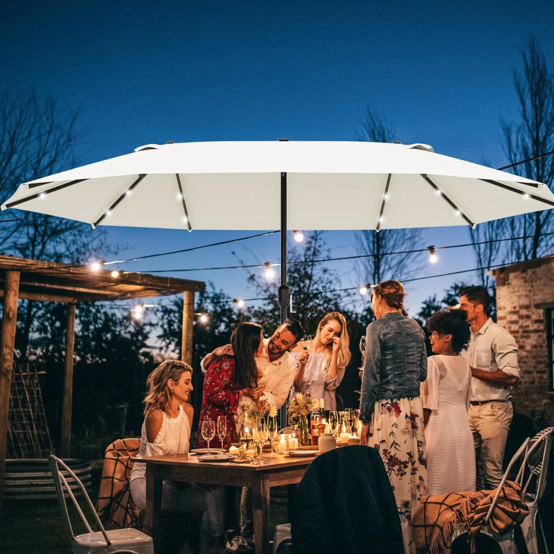 Outsunny 4.4m Double-Sided Sun Umbrella Patio Parasol LED Solar Lights Base Cream White