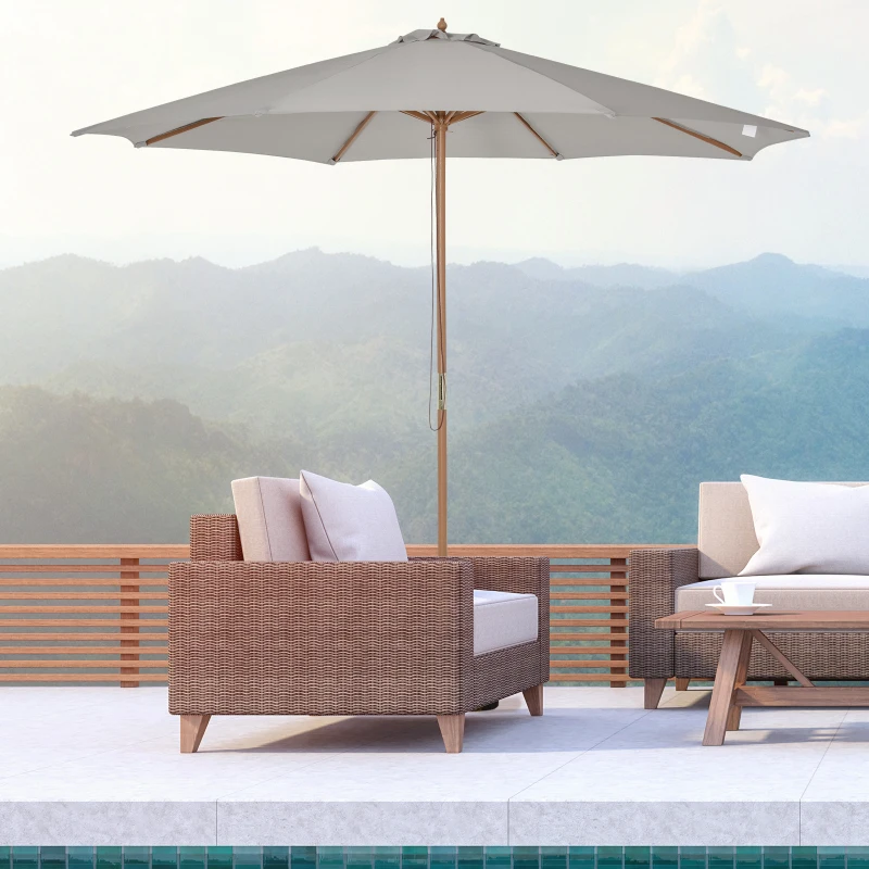 Outsunny 3(m) Fir Wooden Garden Parasol Bamboo Sun Shade Patio Outdoor Umbrella Canopy, Grey