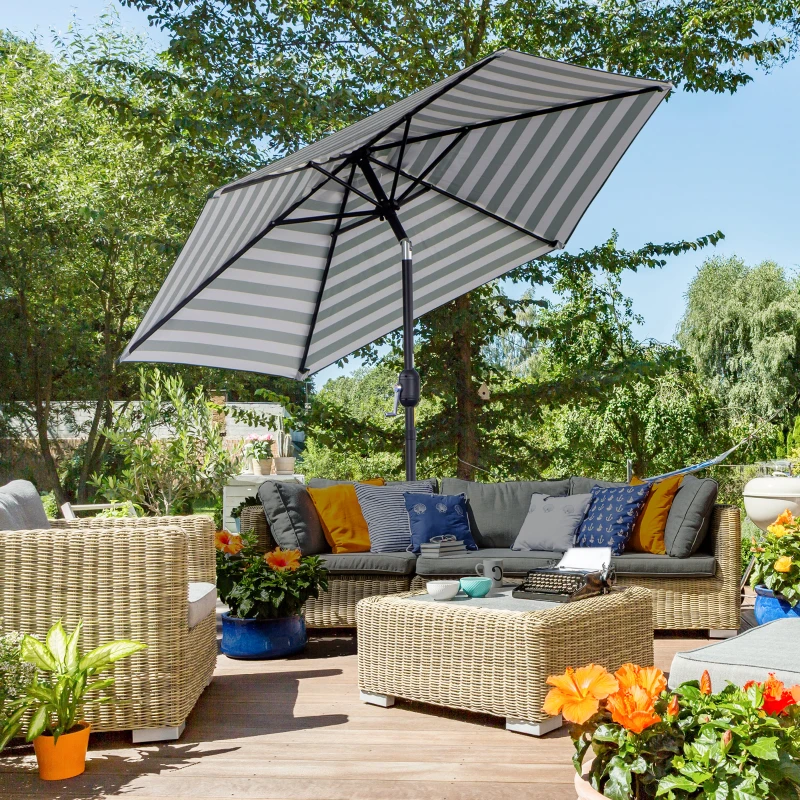 Outsunny Φ2.3m Patio Sun Umbrella Outdoor Market Table Parasol w/ Adjustable Angle 6 Ribs for Garden Backyard Pool Green Stripe