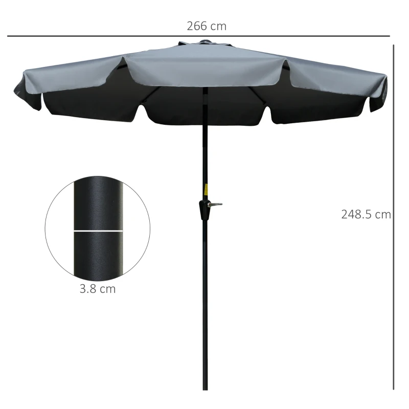 Outsunny 2.7m Patio Umbrella Garden Parasol Outdoor Sun Shade Table Umbrella with Tilt, Crank, 8 Ribs, Ruffles, Grey
