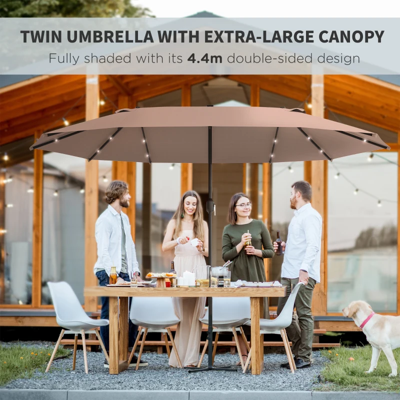 Outsunny 4.4m Double-Sided Sun Umbrella Patio Parasol LED Solar Lights Base Khaki