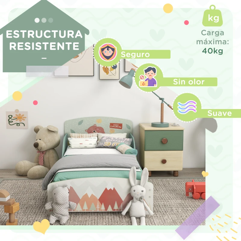 ZONEKIZ Conjunto para Niños Incluye 1 Cama Infantil Carga Máxima 40 kg 143x77x60 cm y 1 Baúl de Almacenamiento 60x37x39 cm Verde
