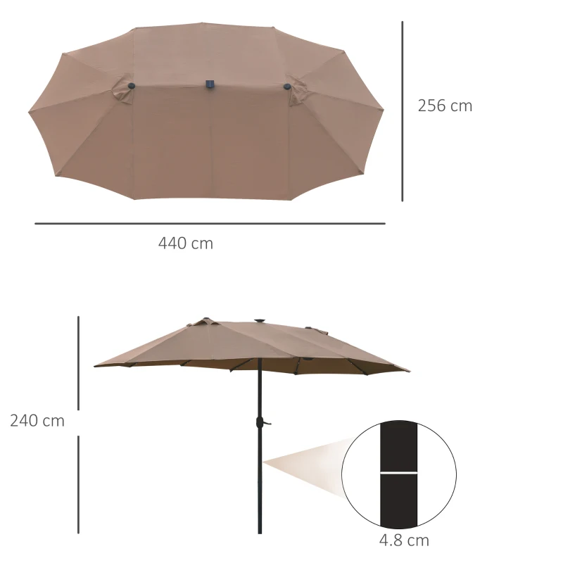 Outsunny 4.4m Double-Sided Sun Umbrella Patio Parasol LED Solar Lights Base Khaki