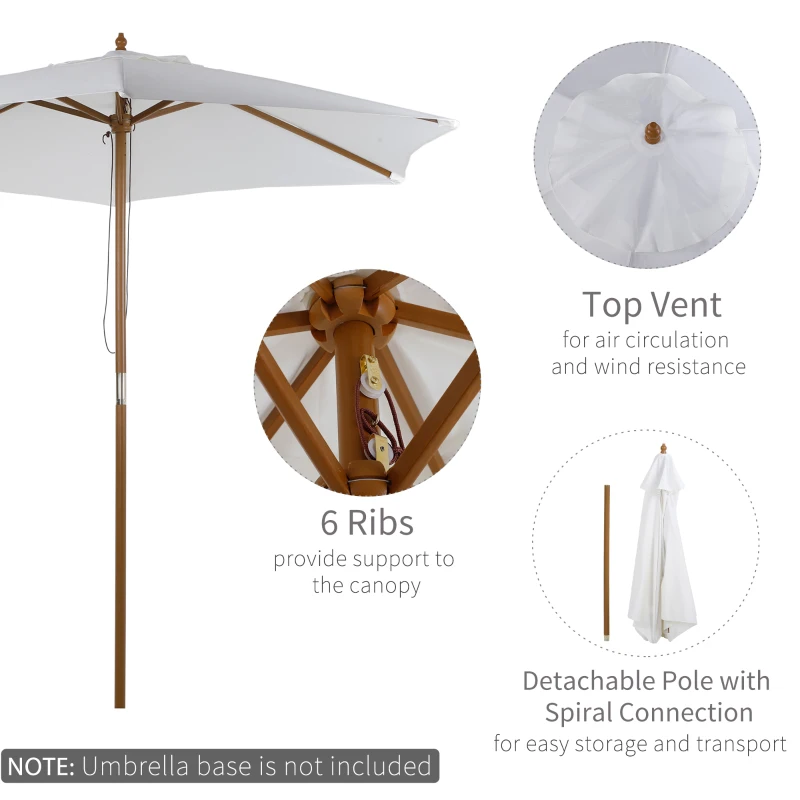 Outsunny D2.5m Bamboo Wooden Market Patio Umbrella Garden Parasol Outdoor Sunshade Canopy, 6-ribs, Cream White