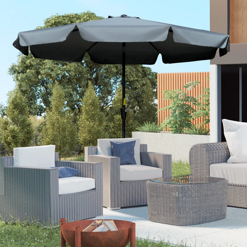Outsunny 2.7m Patio Umbrella Garden Parasol Outdoor Sun Shade Table Umbrella with Tilt, Crank, 8 Ribs, Ruffles, Grey
