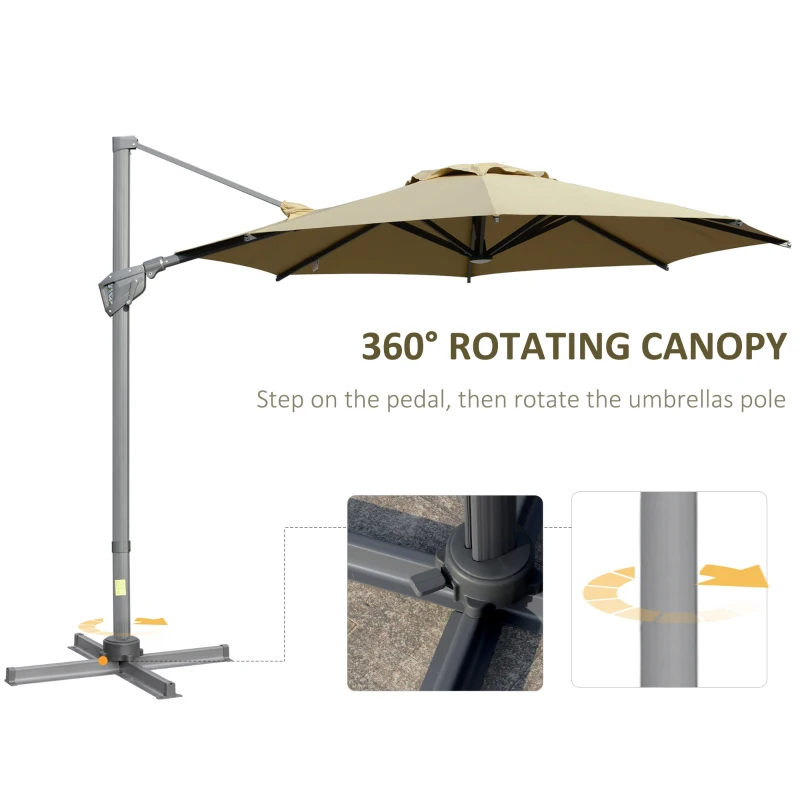 Outsunny Cantilever Umbrella Ø298 cm, Sun Umbrella, Adjustable Angle, incl. Crank, 360 Degree Rotatable, Khaki