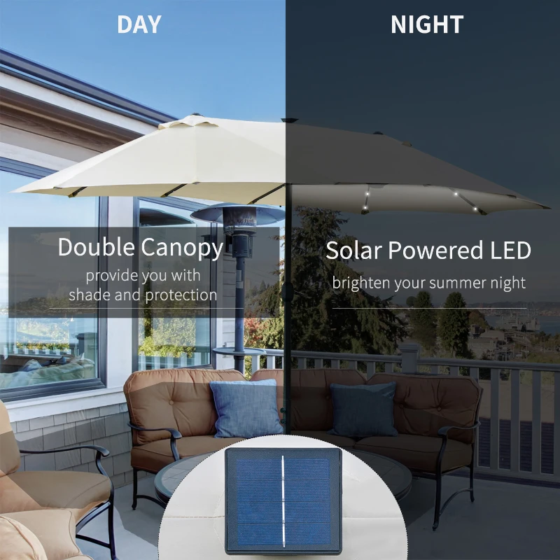 Outsunny 4.4m Double-Sided Sun Umbrella Patio Parasol LED Solar Lights Base Cream White