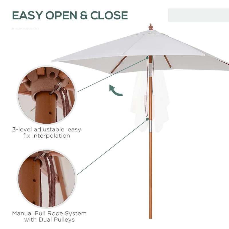 Outsunny 2 x 1.5m Patio Garden Parasol Sun Umbrella Sunshade Canopy Outdoor Backyard Furniture Wood Wooden Pole 6 Ribs Tilt Mechanism - Off-White