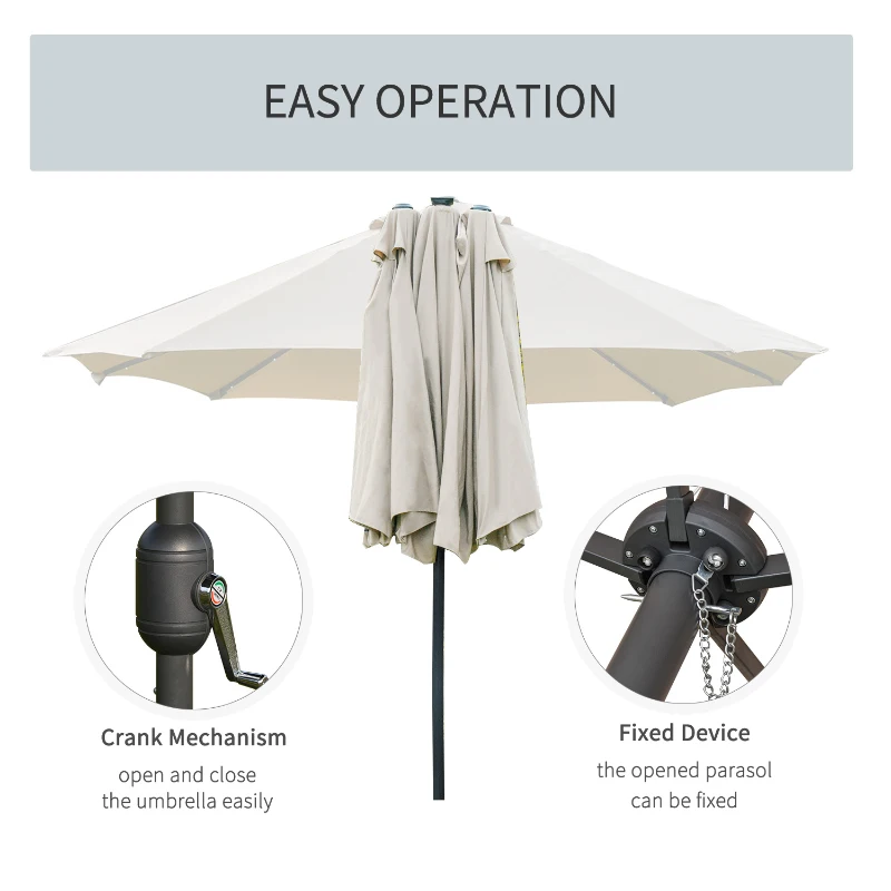 Outsunny 4.4m Double-Sided Sun Umbrella Patio Parasol LED Solar Lights Base Cream White