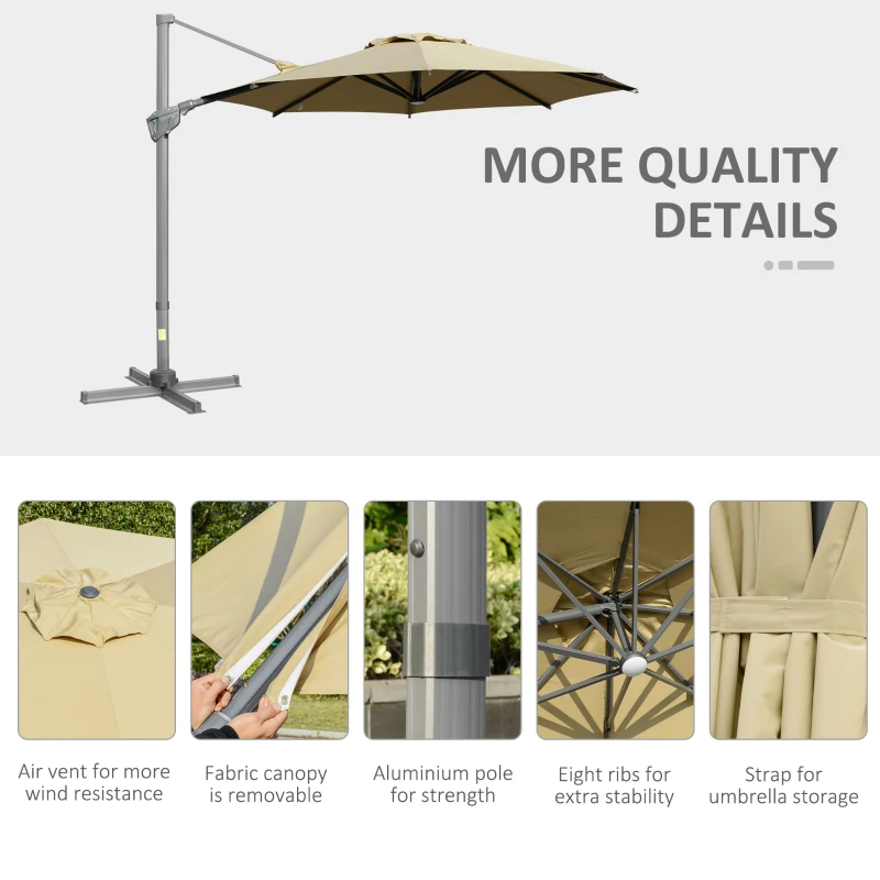 Outsunny Cantilever Umbrella Ø298 cm, Sun Umbrella, Adjustable Angle, incl. Crank, 360 Degree Rotatable, Khaki