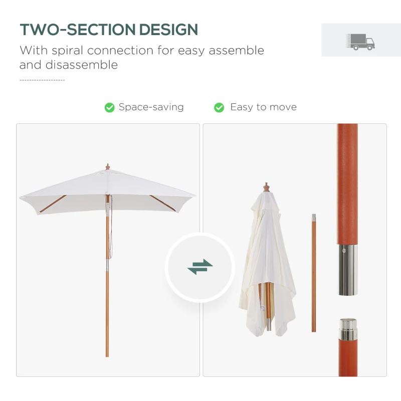 Outsunny 2 x 1.5m Patio Garden Parasol Sun Umbrella Sunshade Canopy Outdoor Backyard Furniture Wood Wooden Pole 6 Ribs Tilt Mechanism - Off-White
