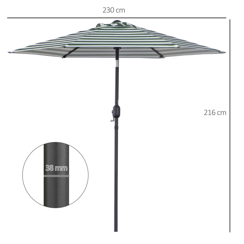 Outsunny Φ2.3m Patio Sun Umbrella Outdoor Market Table Parasol w/ Adjustable Angle 6 Ribs for Garden Backyard Pool Green Stripe