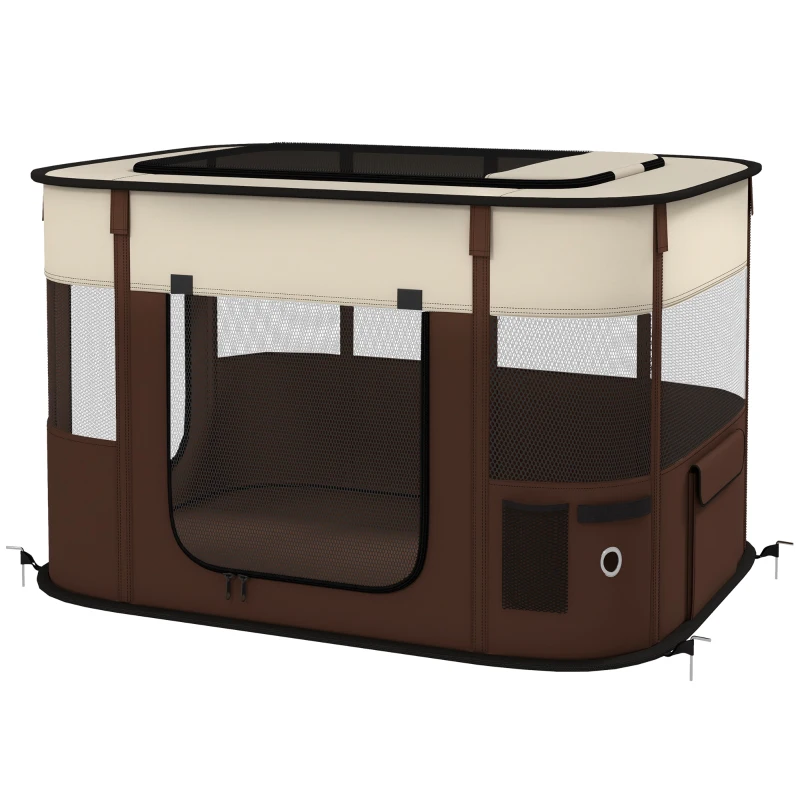 PawHut Foldable Dog Pen with Storage Bag for Indoor/Outdoor Use, Portable Pet playpen, with Ground Stakes - Brown