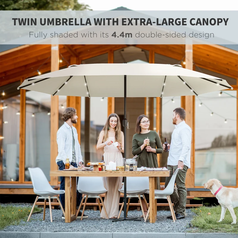 Outsunny 4.4m Double-Sided Sun Umbrella Patio Parasol LED Solar Lights Base Cream White