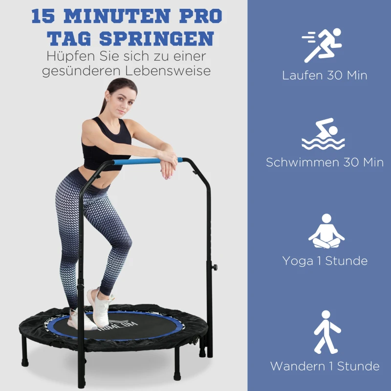 HOMCOM Trampolina fitness, składana, z regulowanym uchwytem, Ø102x123H cm, do 100 kg, Czarna/Niebieska