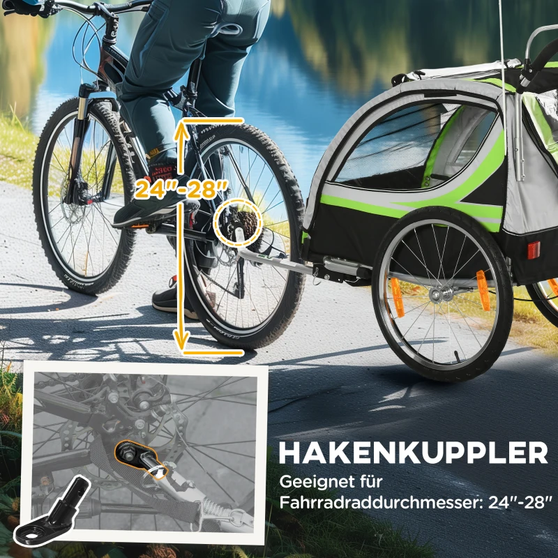 HOMCOM 2-in-1 Fietskar voor 2 Kinderen, Duwfunctie, Regenbescherming, Rem, Groen