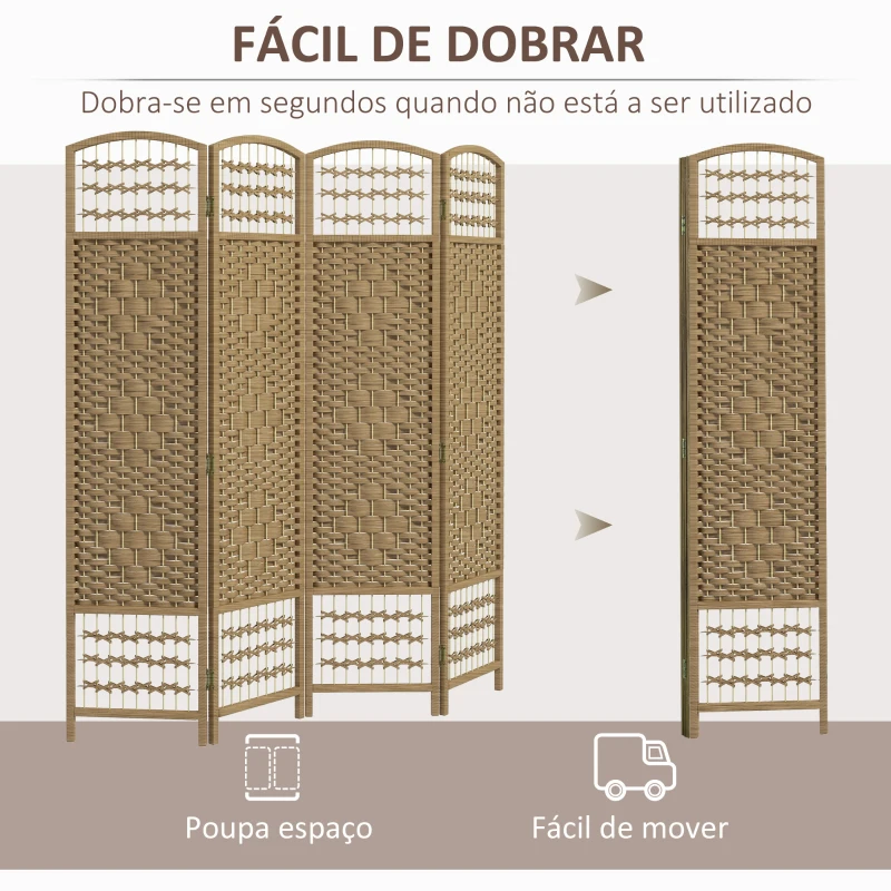 HOMCOM Biombo de 4 Painéis Dobrável Separador de Ambientes de Corda de Papel e Estrutura de Madeira 60x170 cm Natural