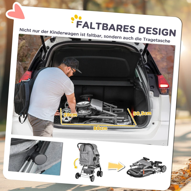 PawHut Hundebuggy, Haustierbuggy, klappbar, Aufbewahrungskorb, Netzfenster, Handbremse, Grau