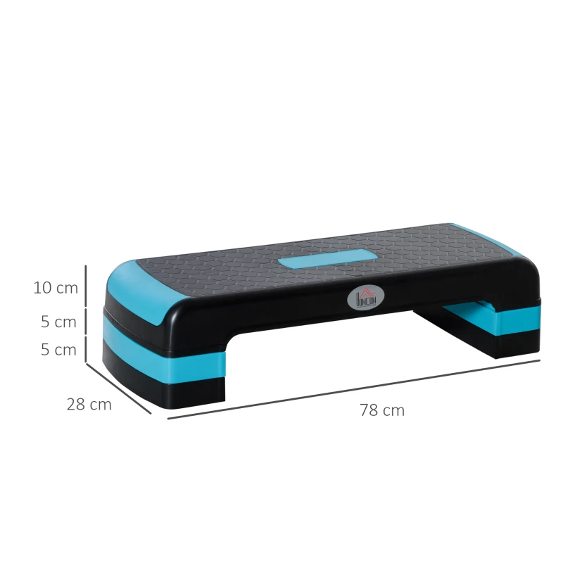 HOMCOM Plataforma Step Fitness com Altura Ajustável de 10/15/20 cm Plataforma de Exercício 78x28x20 cm Azul e Preto