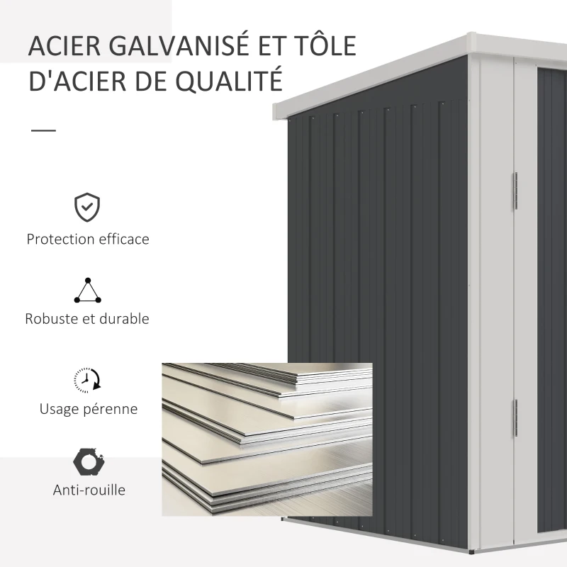 Outsunny Abri de Jardin - cabane de jardin 1,26 m² - cabanon rangement outils 2 Portes verrouillables - dim. 147L x 86l x 134H cm - tôle d'acier Gris Blanc