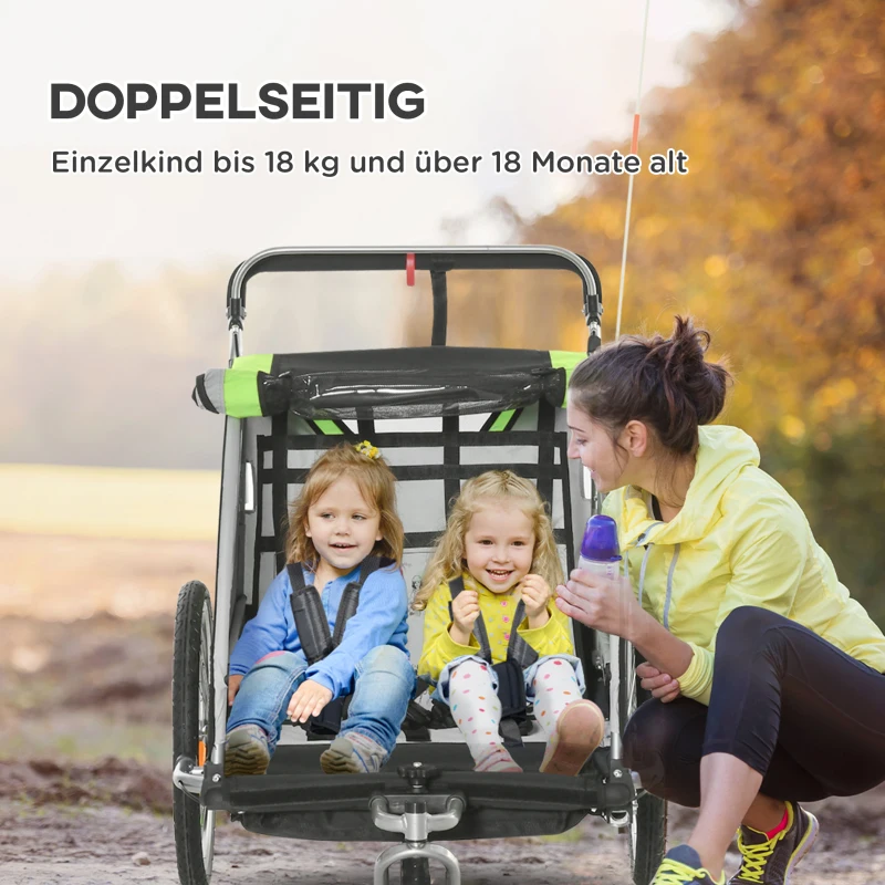 HOMCOM 2-in-1 Fietskar voor 2 Kinderen, Duwfunctie, Regenbescherming, Rem, Groen