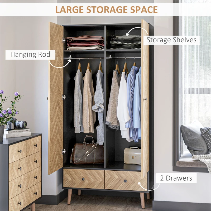 Homcom Dulap Lemn Gri inchis – 2 Usi, Compartimente si Sertare(m-4)